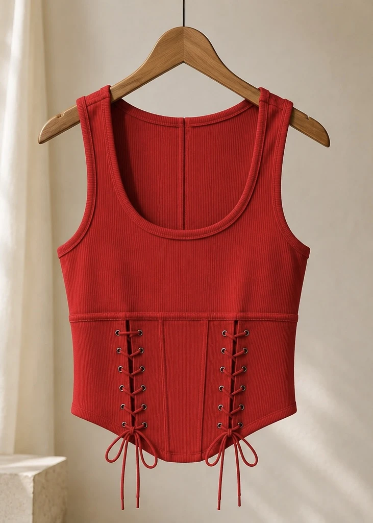 Kırmızı Korse Tasarımlı Fit Bluz