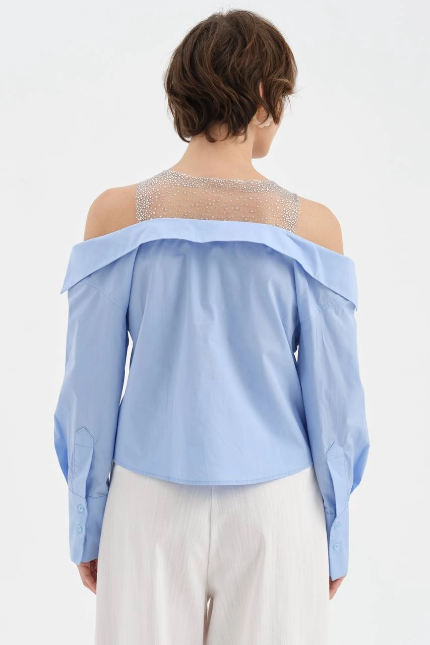 Yakası Tül Taşlı Straplez Gömlek - Resim 3