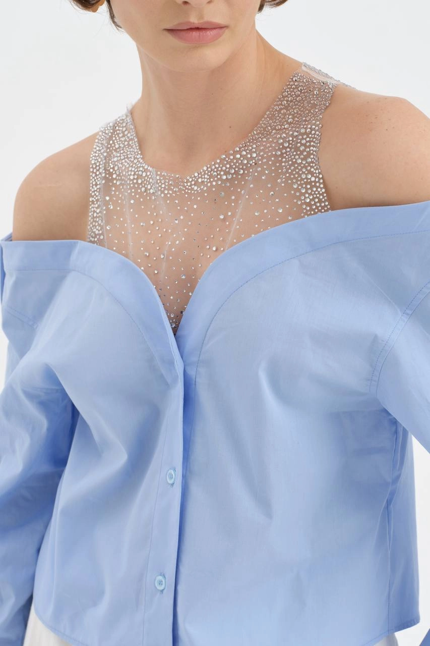 Yakası Tül Taşlı Straplez Gömlek - Resim 4