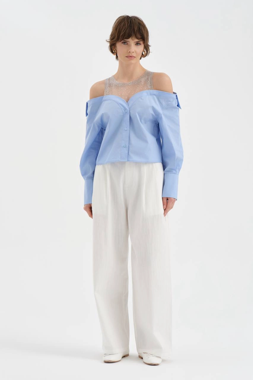 Yakası Tül Taşlı Straplez Gömlek - Resim 5