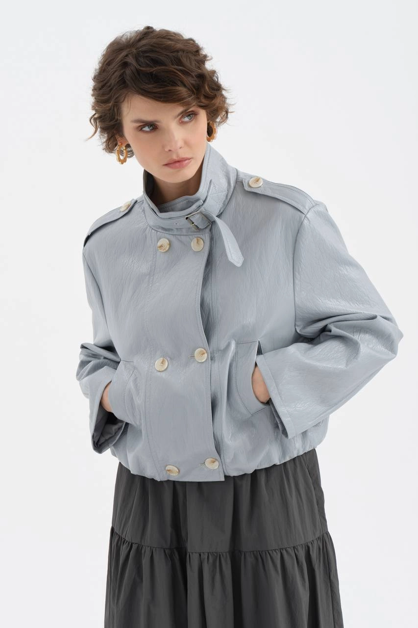 Dik Yaka Bomber Suni Deri Ceket - Resim 4