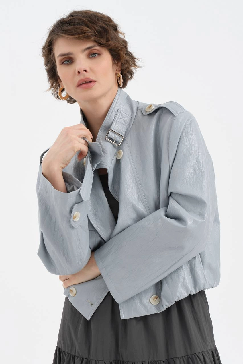 Dik Yaka Bomber Suni Deri Ceket - Resim 5