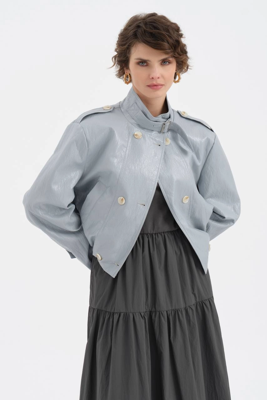 Dik Yaka Bomber Suni Deri Ceket - Resim 6