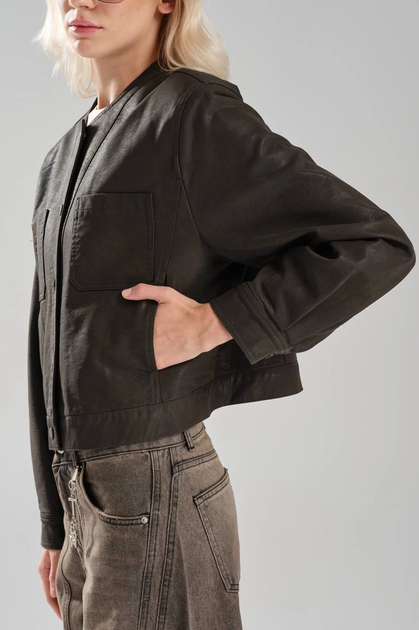 Sıfır Yaka Suni Deri Ceket - Resim 3