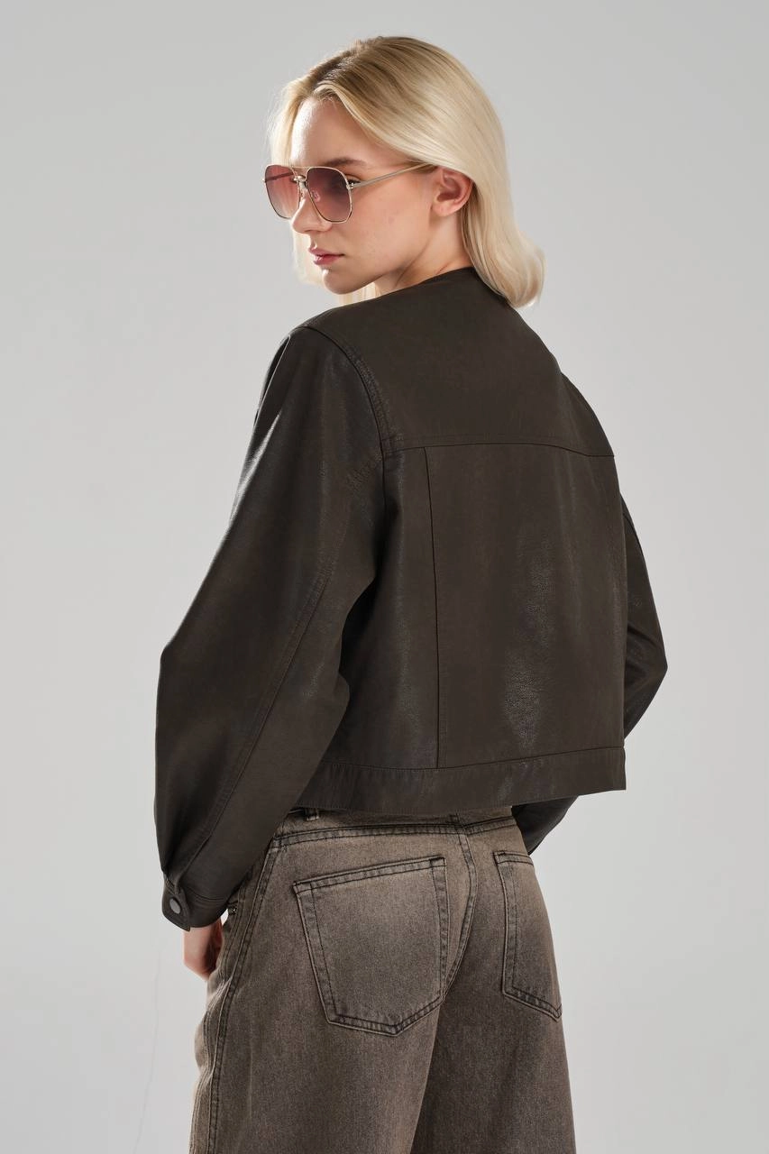 Sıfır Yaka Suni Deri Ceket - Resim 5