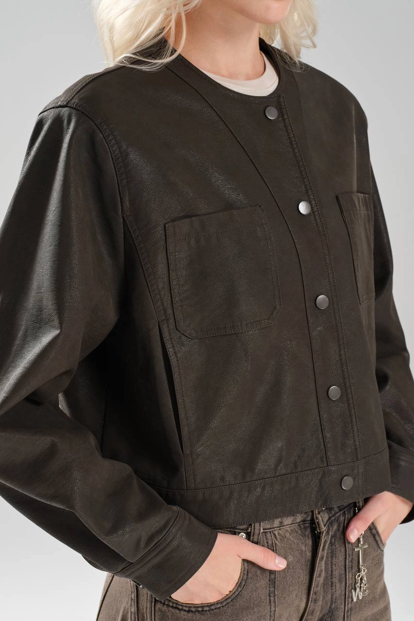 Sıfır Yaka Suni Deri Ceket - Resim 6