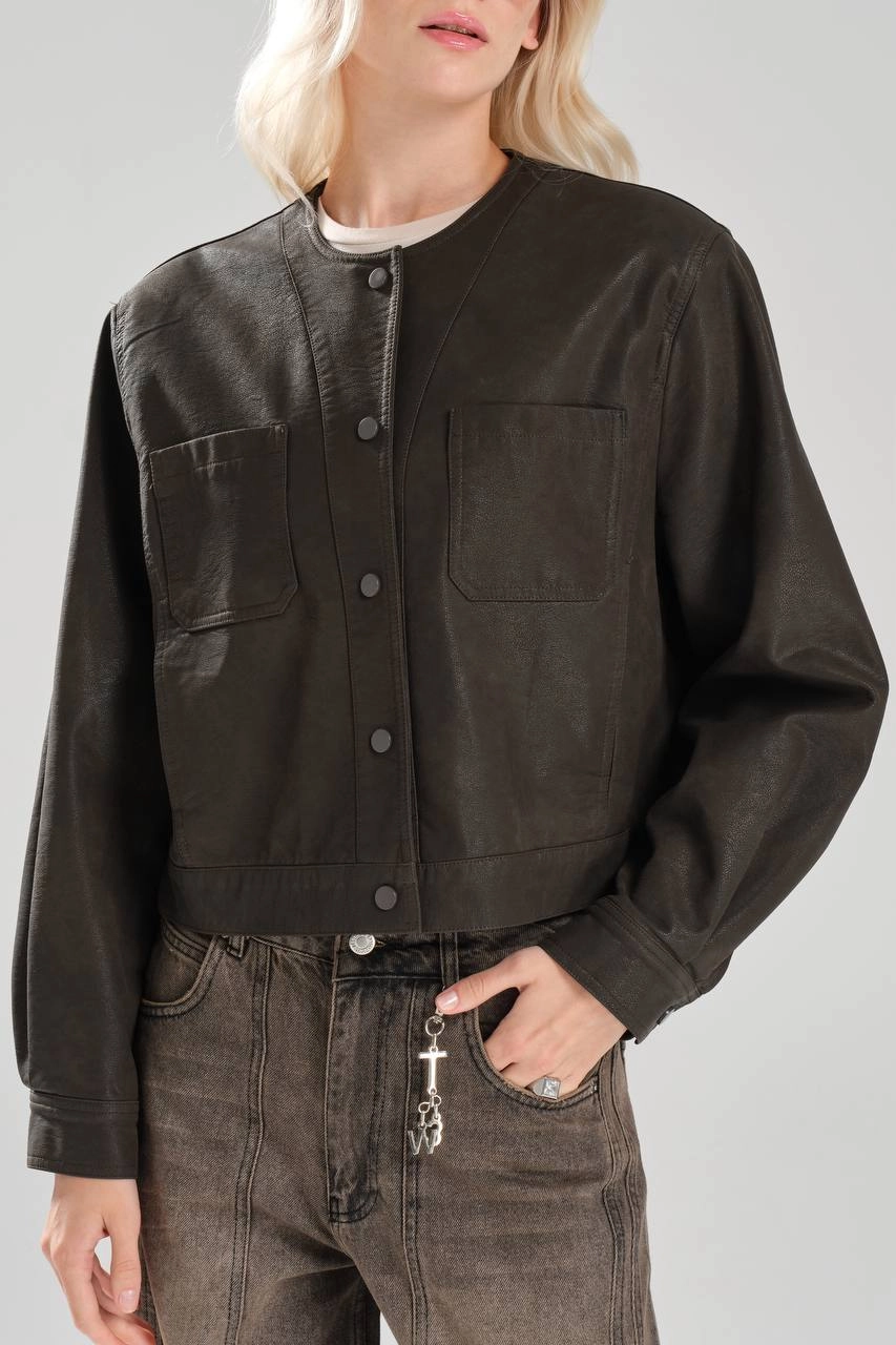 Sıfır Yaka Suni Deri Ceket - Resim 7