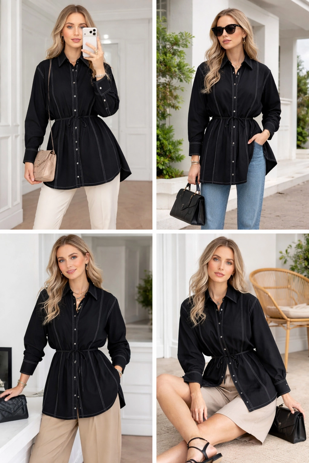 Çift Dikiş Detaylı Siyah Gömlek