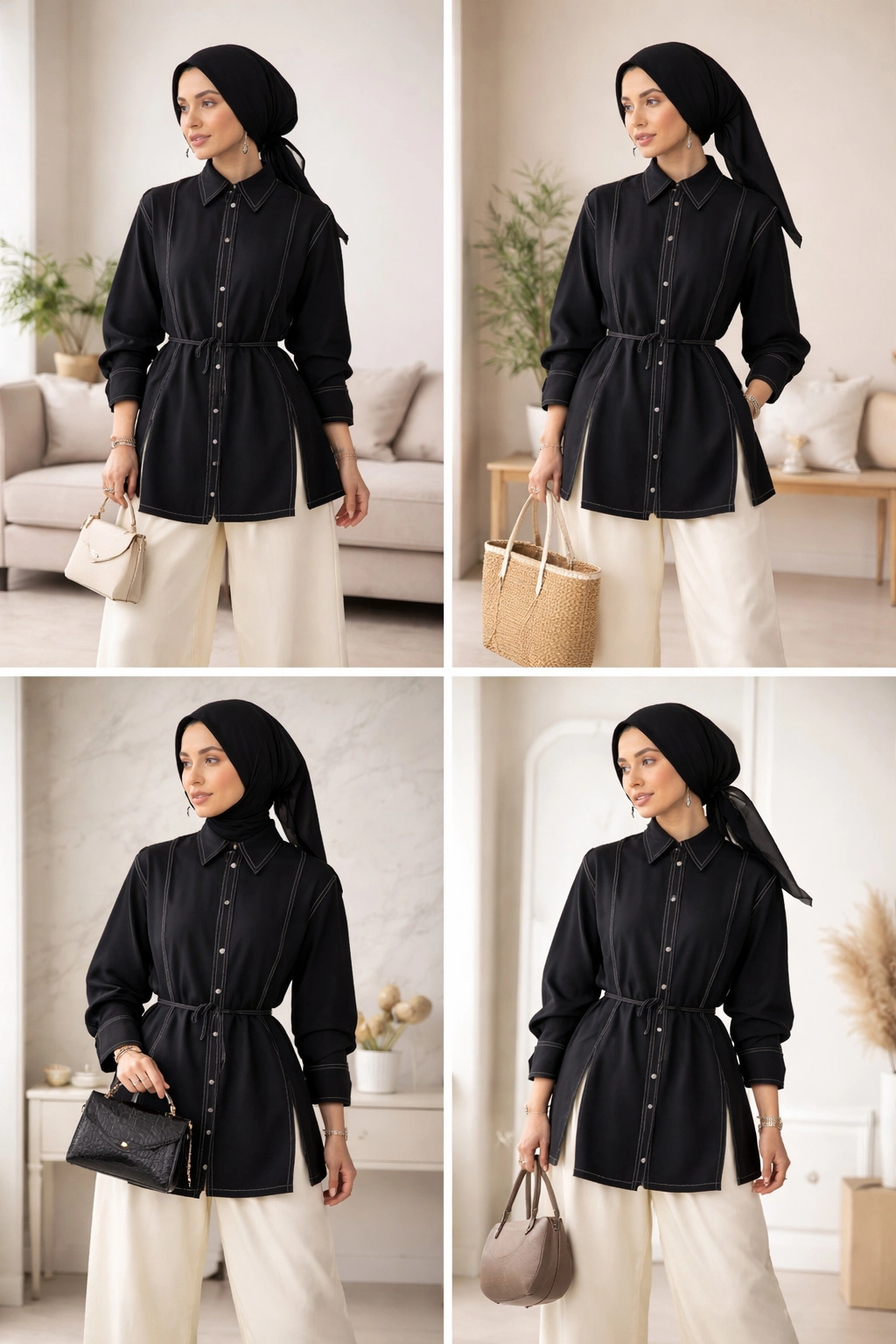 Çift Dikiş Detaylı Siyah Gömlek - Resim 3