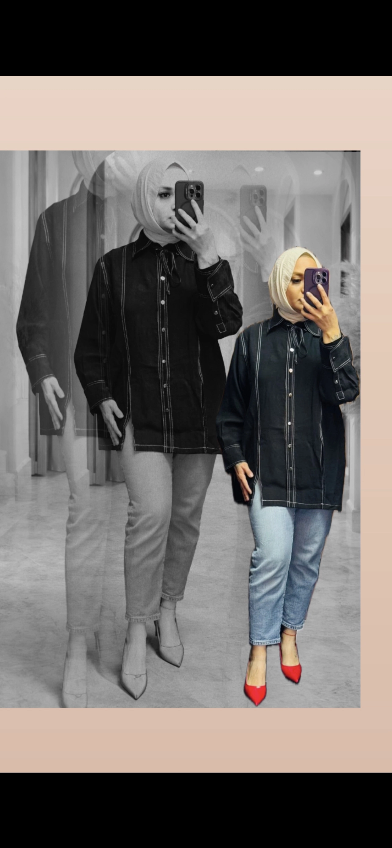 Çift Dikiş Detaylı Siyah Gömlek - Resim 5