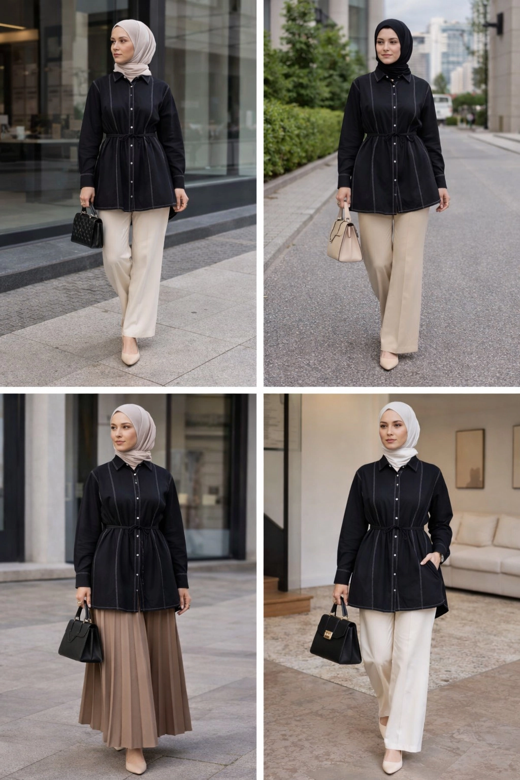 Çift Dikiş Detaylı Siyah Gömlek - Resim 6