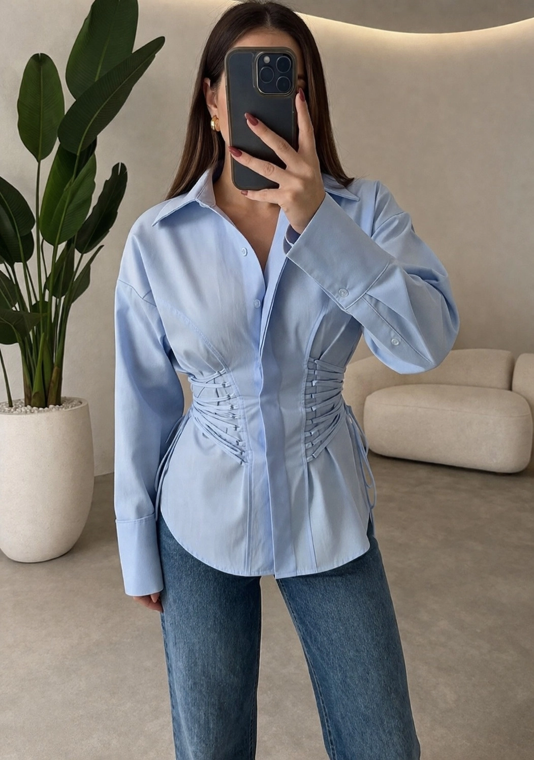 Yanları İp Bağlamalı Tasarım Gömlek - Resim 3