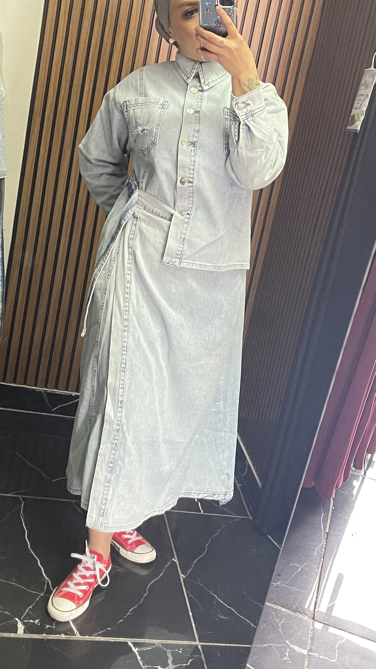 Etek Gömlek Görünümlü Kot Elbise - Resim 3