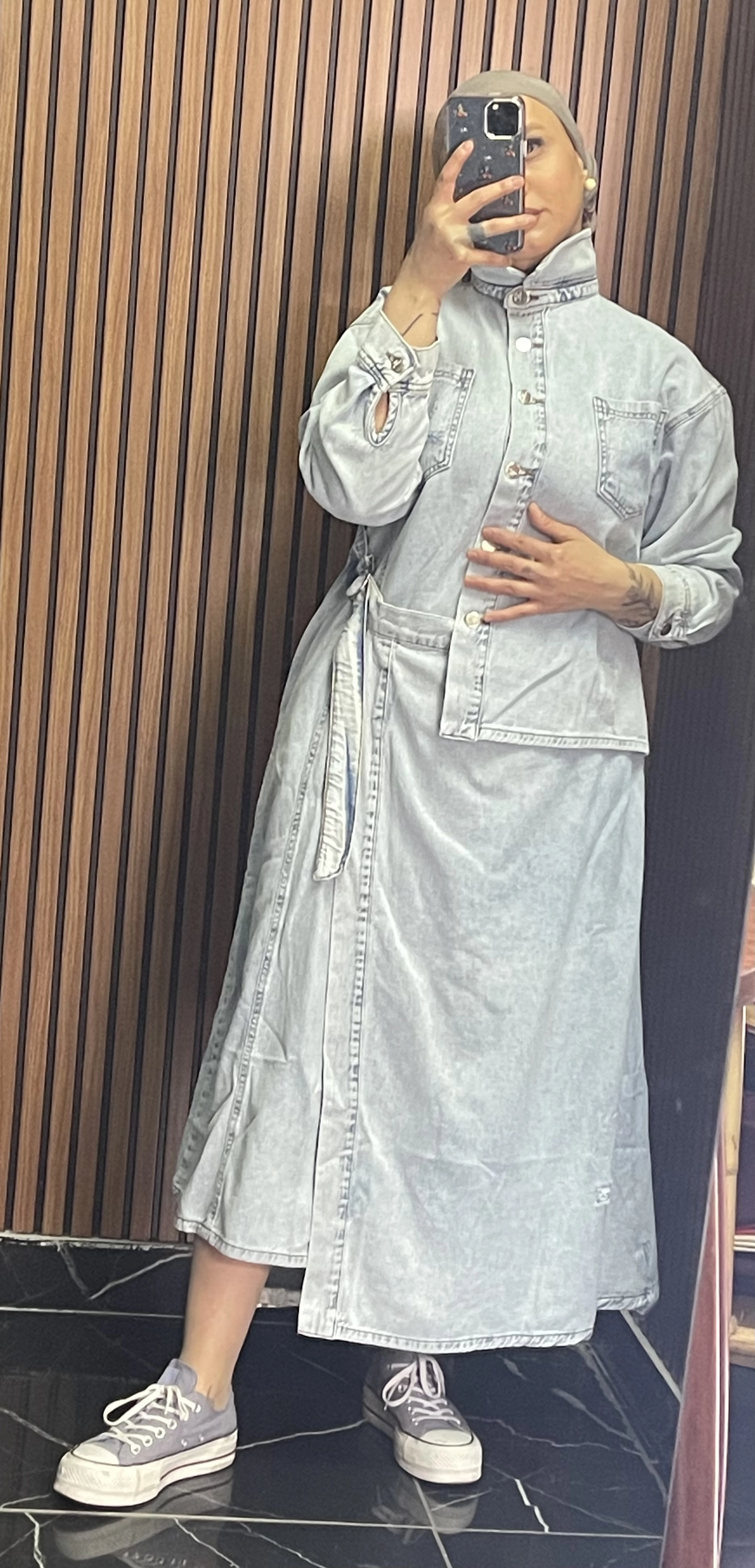 Etek Gömlek Görünümlü Kot Elbise - Resim 4