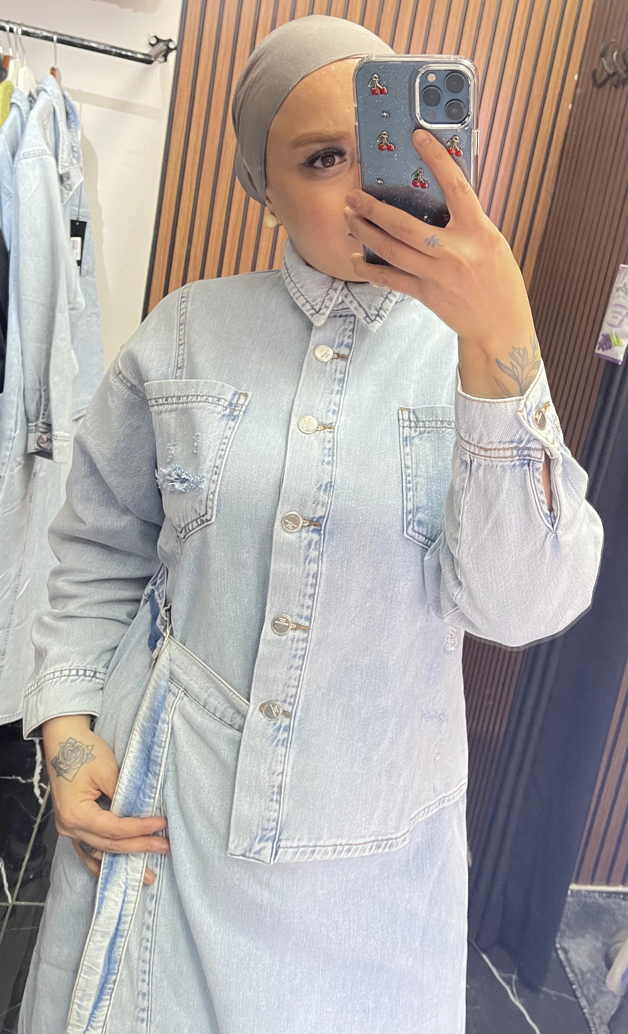 Etek Gömlek Görünümlü Kot Elbise - Resim 5