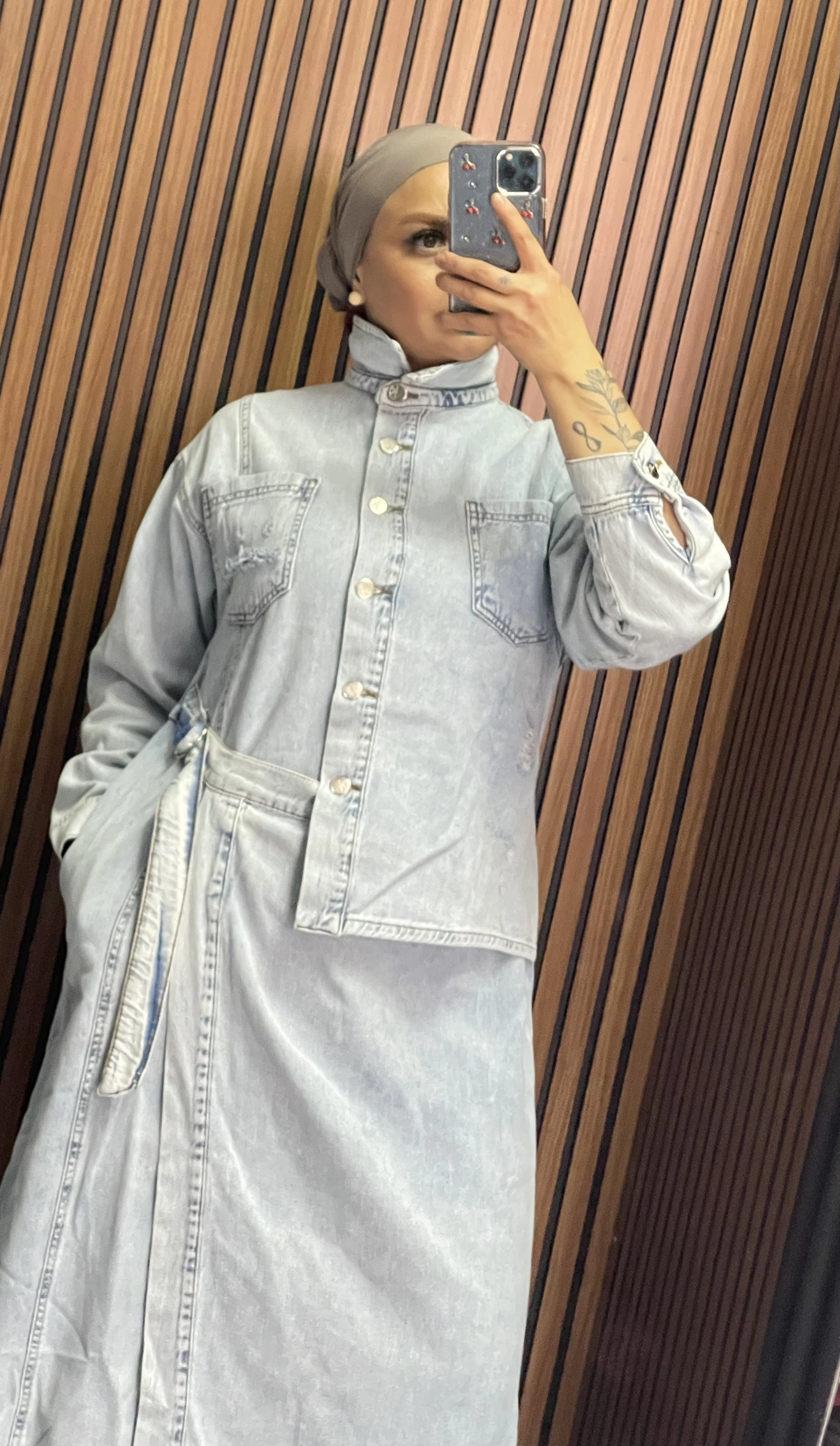 Etek Gömlek Görünümlü Kot Elbise - Resim 6