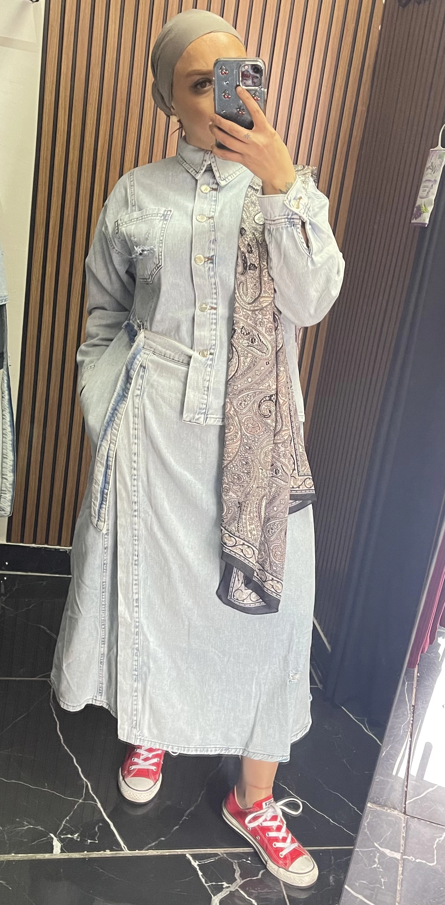 Etek Gömlek Görünümlü Kot Elbise - Resim 7