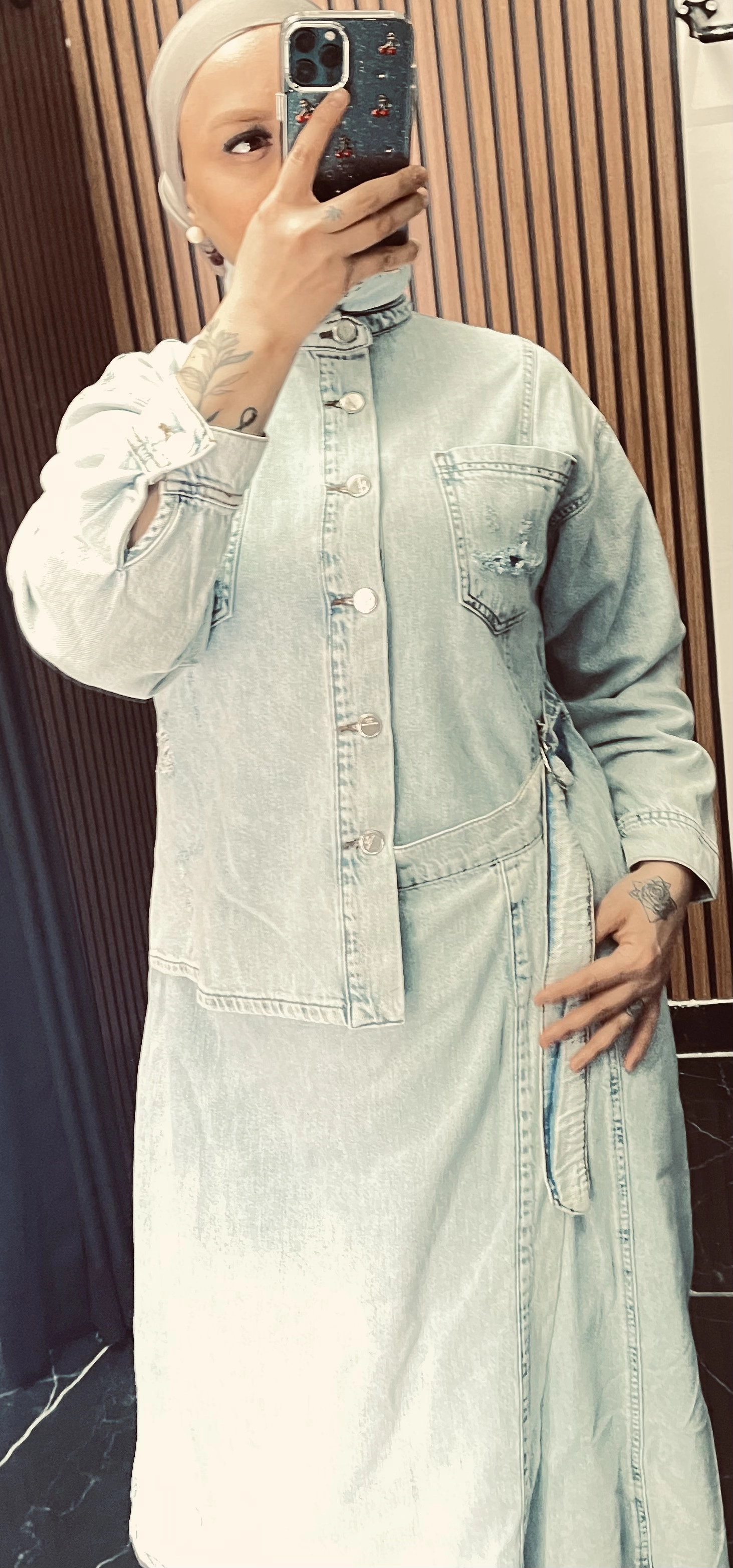 Etek Gömlek Görünümlü Kot Elbise - Resim 8