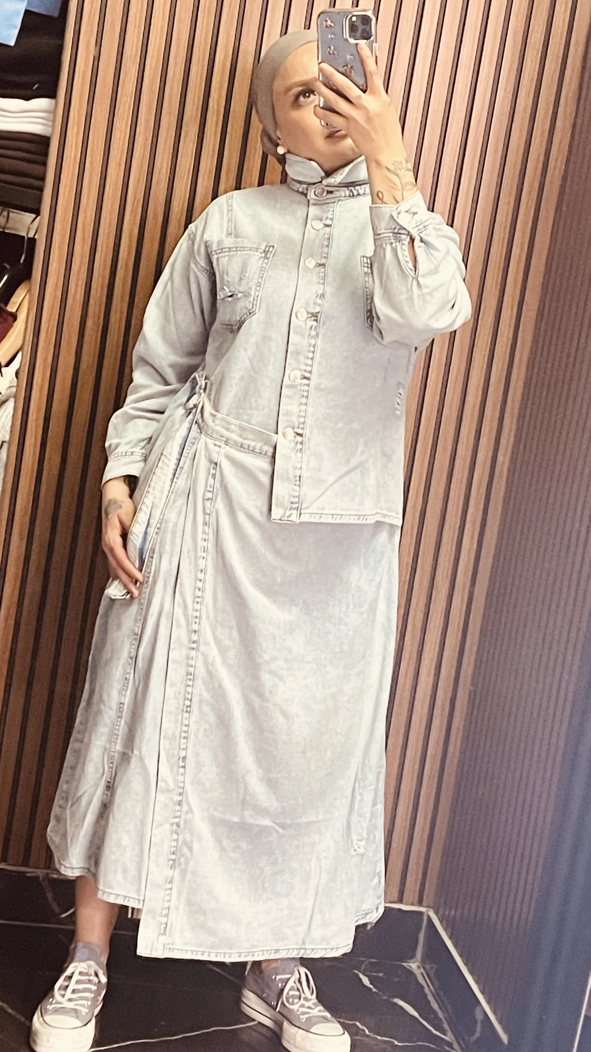 Etek Gömlek Görünümlü Kot Elbise - Resim 9