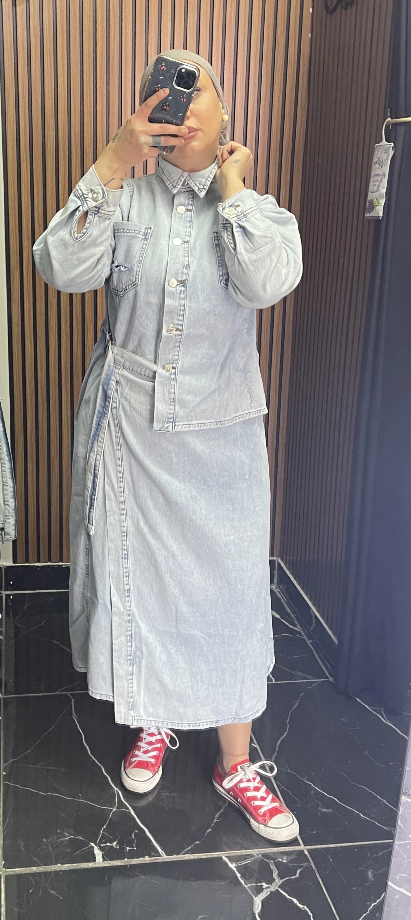 Etek Gömlek Görünümlü Kot Elbise - Resim 10