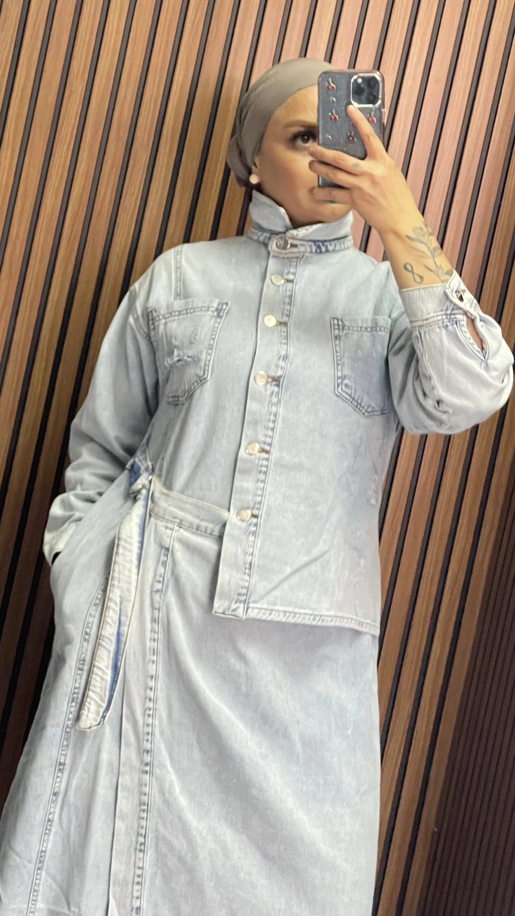 Etek Gömlek Görünümlü Kot Elbise - Resim 11