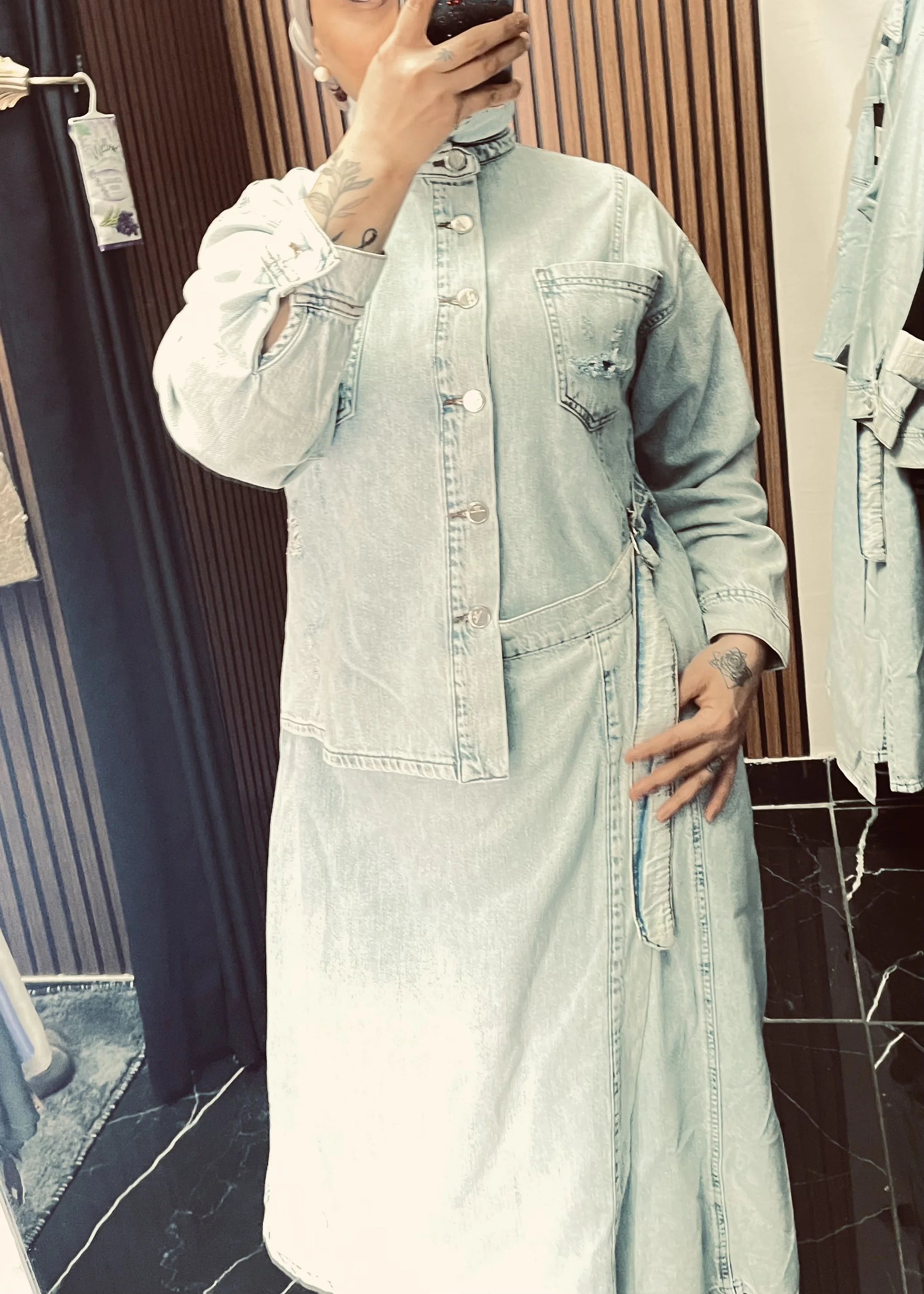 Skirt Shirt Look Denim Dress - Resim 4