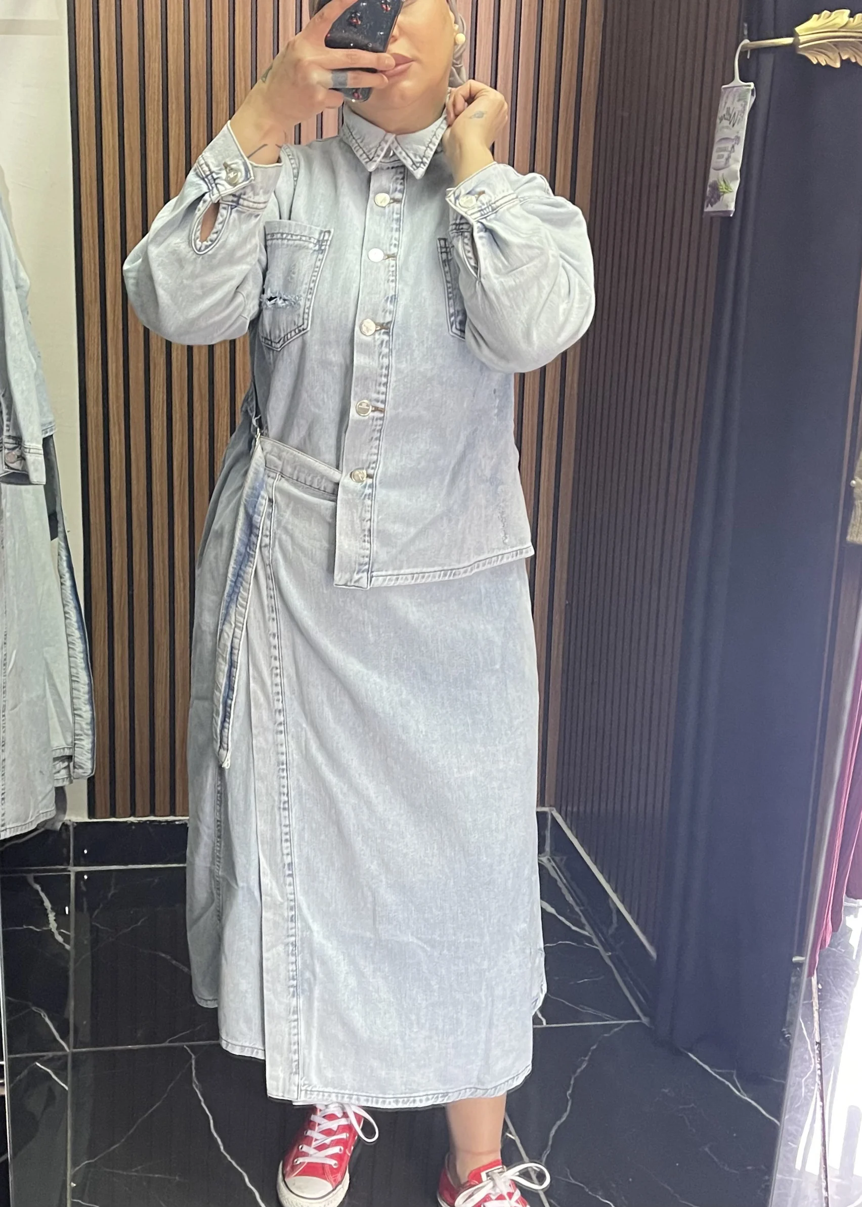 Skirt Shirt Look Denim Dress - Resim 8
