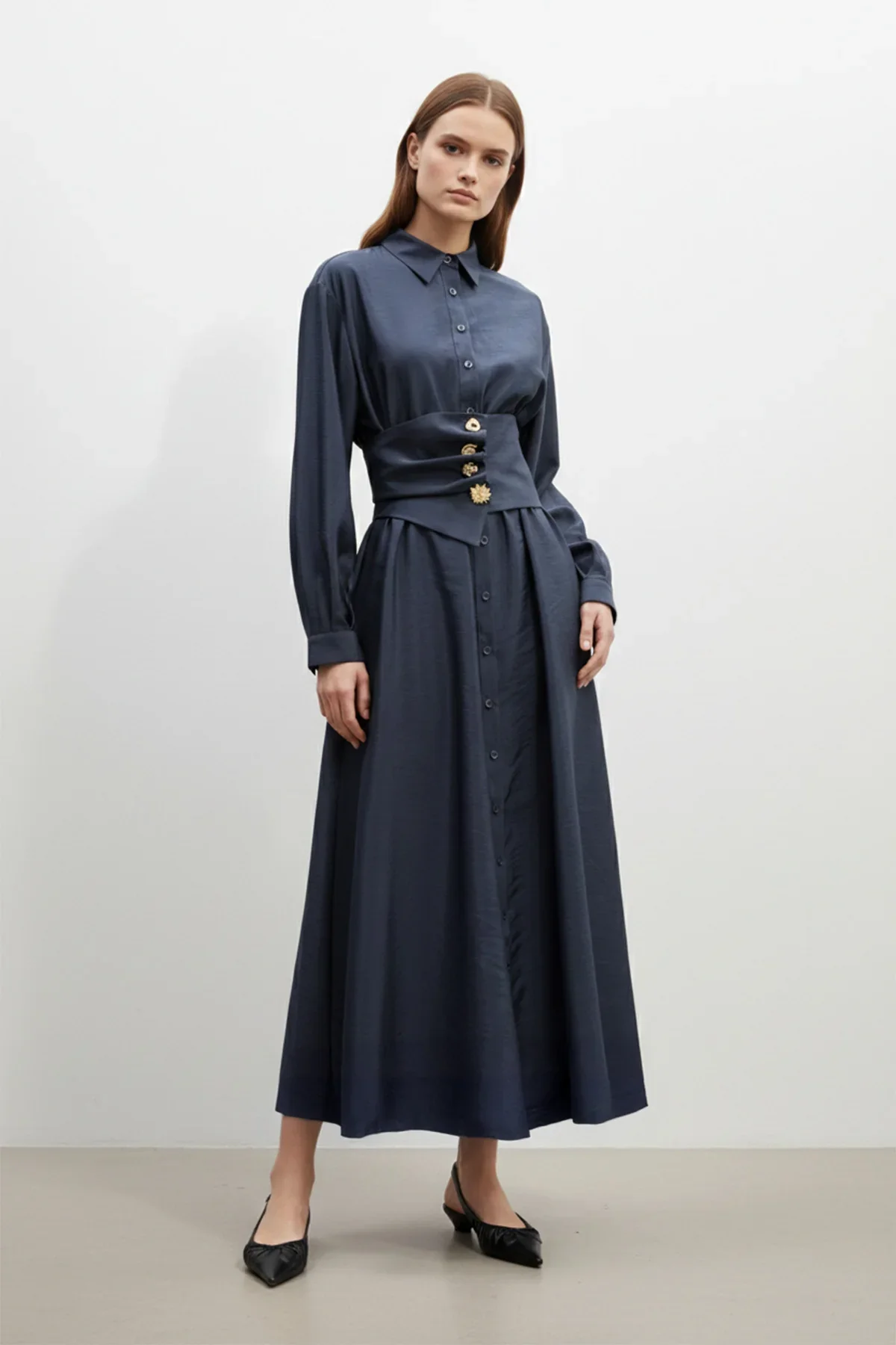 Saul Pointe Shirt Collar Dress - Resim 10