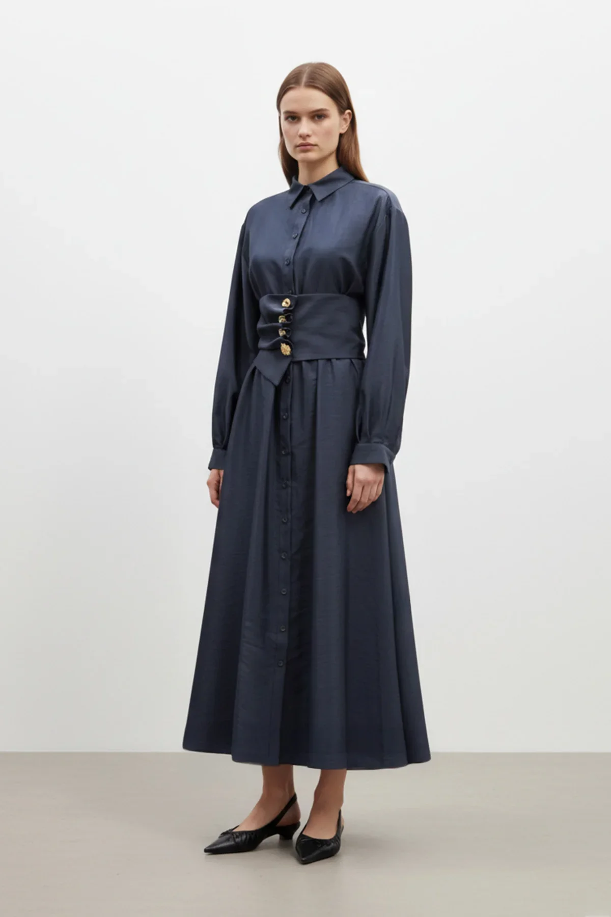 Saul Pointe Shirt Collar Dress - Resim 12