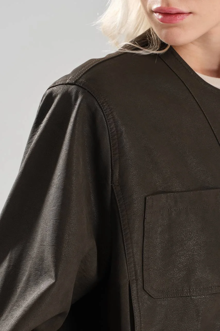 Crew Neck Faux Leather Jacket