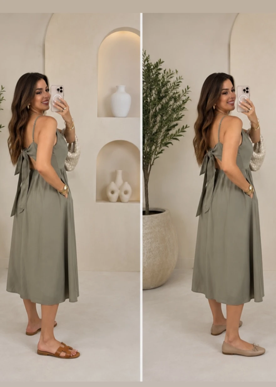 Arkası Fiyonklu Tencel Elbise - Resim 5
